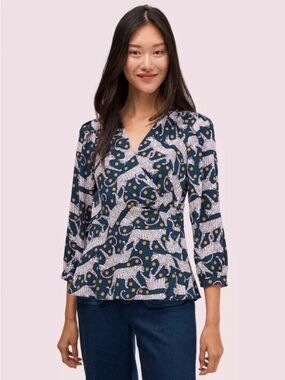 Kate Spade Panthera Polka dot Printed V-Neck 3/4 Sleeve Peplum Top - Navy Multi